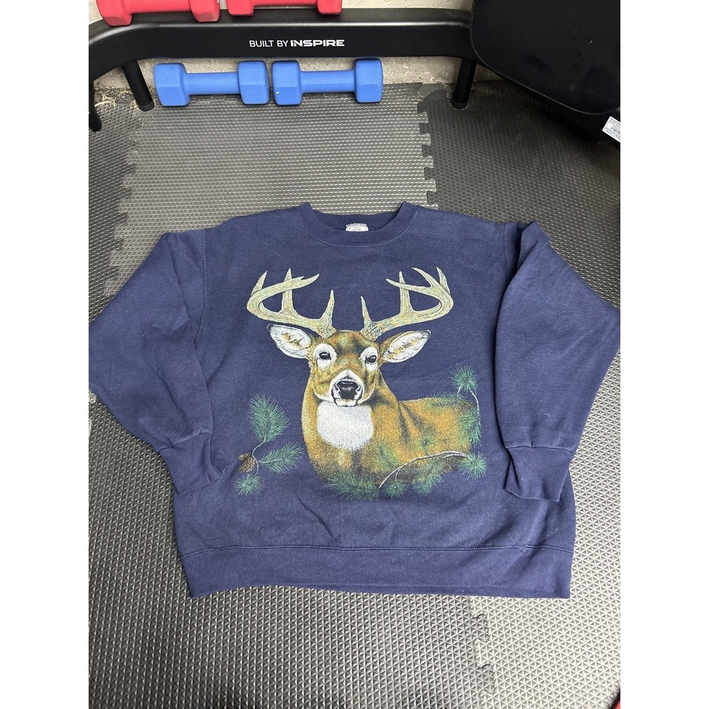Vintage DELTA Men's L Navy Blue Deer Buck Graphic Crewneck Sweatshirt USA Made